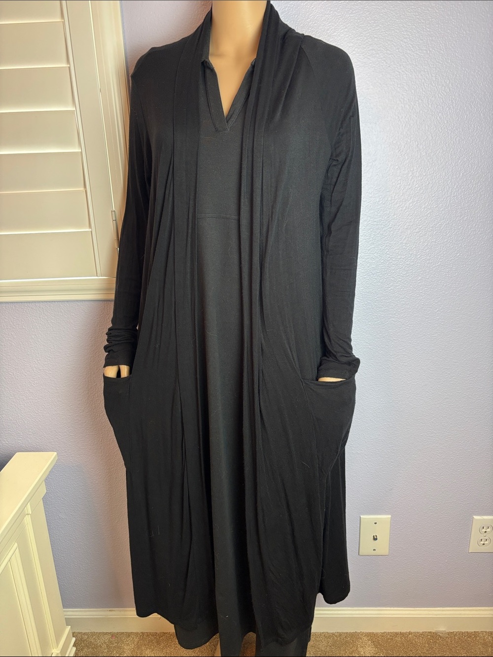 Sleek Black Long Sleeve Extra Long Open Cardigan with Pockets